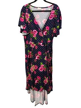 Navy Floral Wrap Dress with Pink Roses
